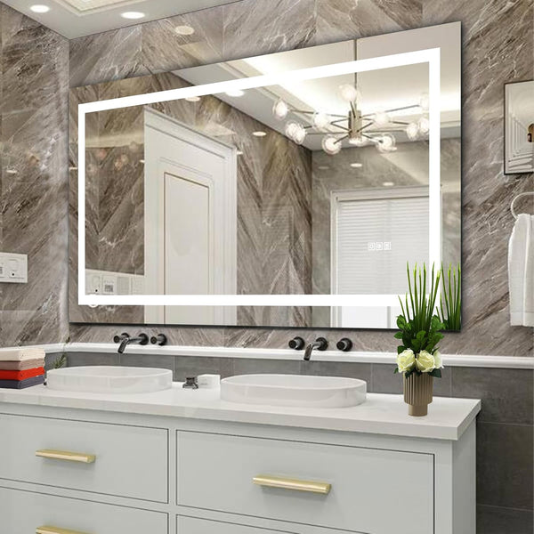 60X32 Inch LED Bathroom Mirror, Black Framed Gradient Front and Backlit LED Vanity Mirror for Bathroom, 3 Colors Dimmable, Double Wall Mirrors with Anti-Fog, Shatter-Proof, Memory Function (60X32)