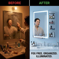 24 In. W X 30 In. H Rectangular Aluminum Light Medicine Cabinet with Mirror, Defogging, Mounted Recessed or Surface — Before & After