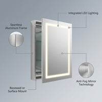 24 In. W X 30 In. H Rectangular Aluminum Light Medicine Cabinet with Mirror, Defogging, Mounted Recessed or Surface — infographic