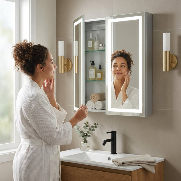 Medicine Cabinet Built for Modern Bathrooms, LED Lighting, Defogging Mirror, Recessed Surface Mount