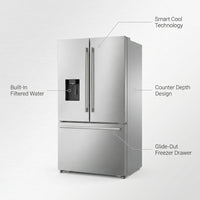 French Door Refrigerator Designed for Modern Kitchens, 22.4 Cu Ft, Water Dispenser, Counter Depth — infographic