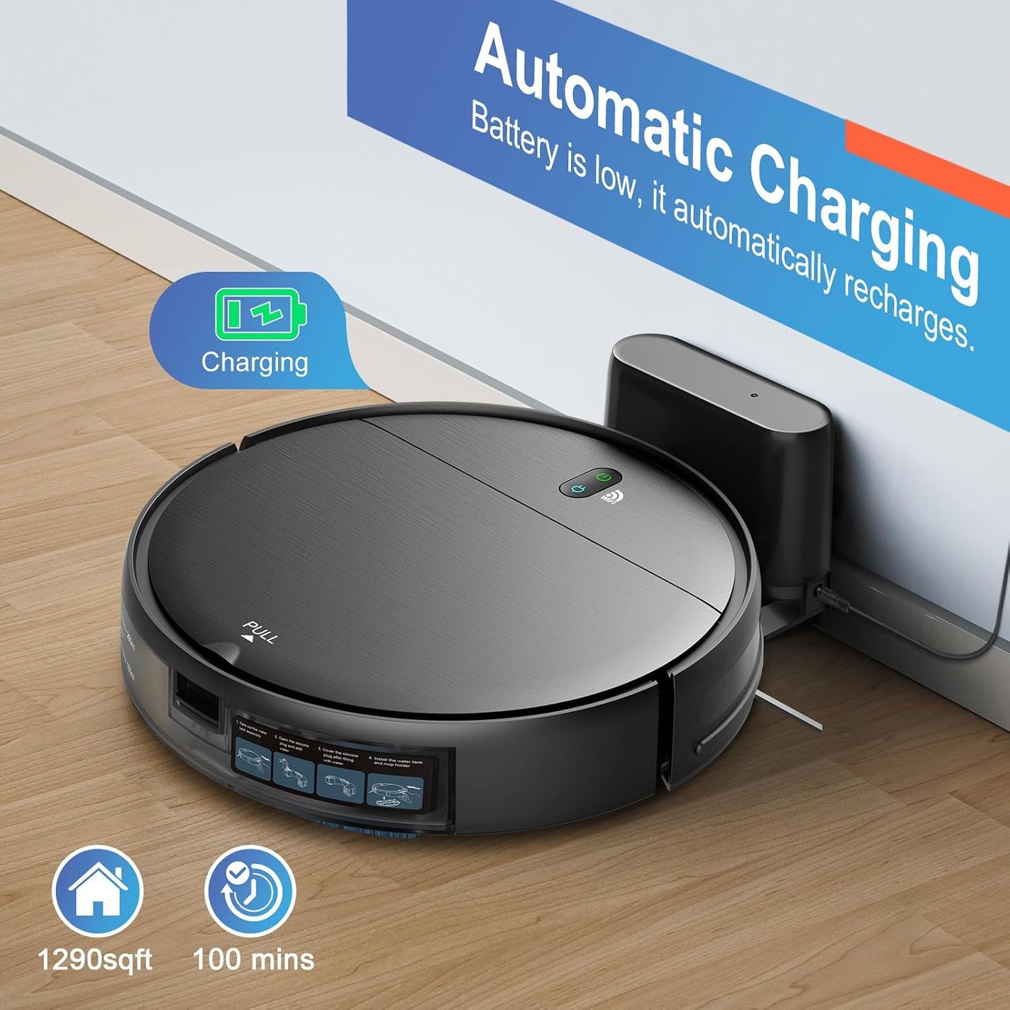 Robot Vacuum and Mop Combo, 2 in 1 Robotic Vacuum Cleaner with Schedule, App/Alexa/Voice Control, Slim 2.87", Self-Charging, Strong Suction & Long Runtime, Ideal for Hard Floor, Pet Hair, Carpet
